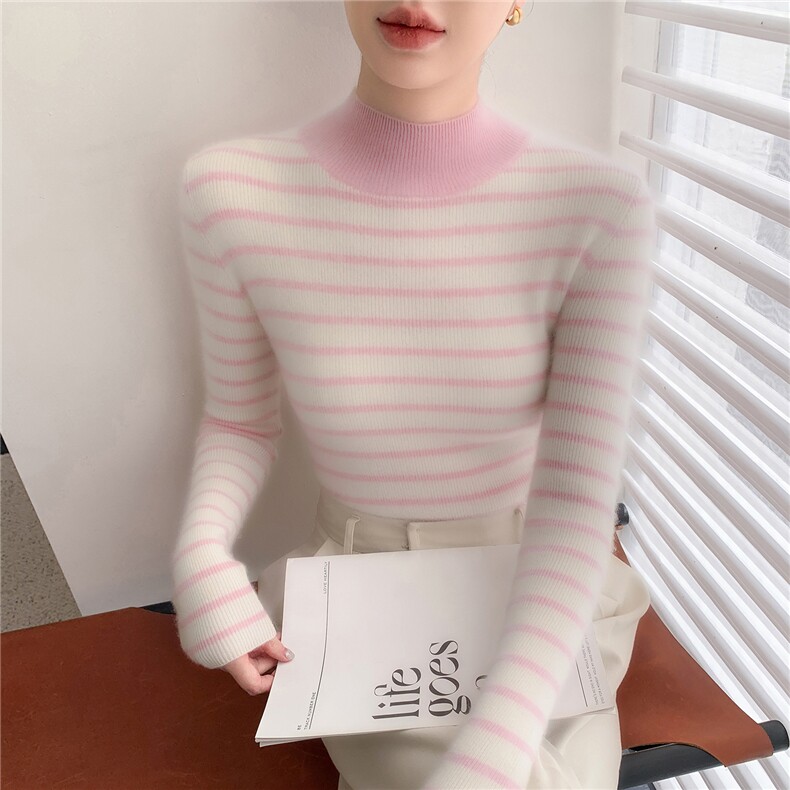 2025年秋季甜美套头单件常规长袖高领十二针半高条纹,女装羊绒衫,奥帆羊绒