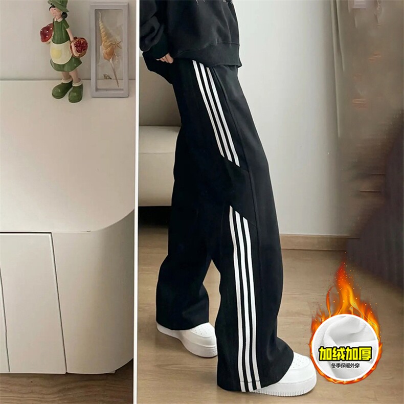 抖音得物高品质秋冬重磅加绒潮流运动三条杠宽松直筒休闲卫裤K360，男装休闲裤，电商A486