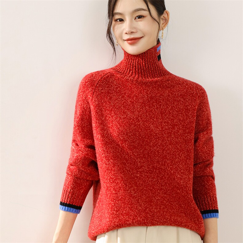 2025年秋季新款百搭女士花纱高领纯色羊毛衫,女装羊毛衫,狄美羊绒