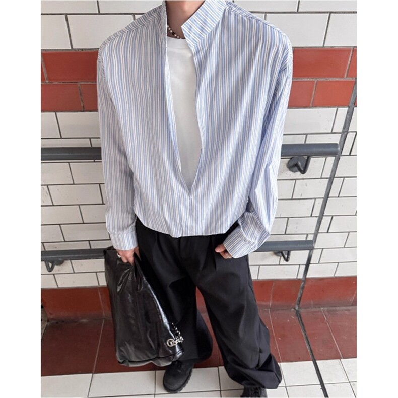 男装色织立领条纹长袖衬衫男2025春季新款棉混纺男士衬衣CBN23,男装衬衫,星座1116A（原606A-3）