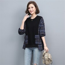 休闲拼接卫衣2021春季新款条纹拼色衬衣女，女装T恤，独衣靓
