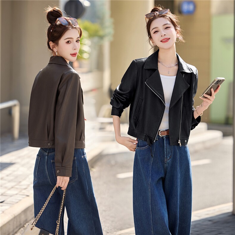BAO现货休闲夹克翻领斜拉链外套2026春季新款设计感百搭夹克外套，女装皮衣，江南女神