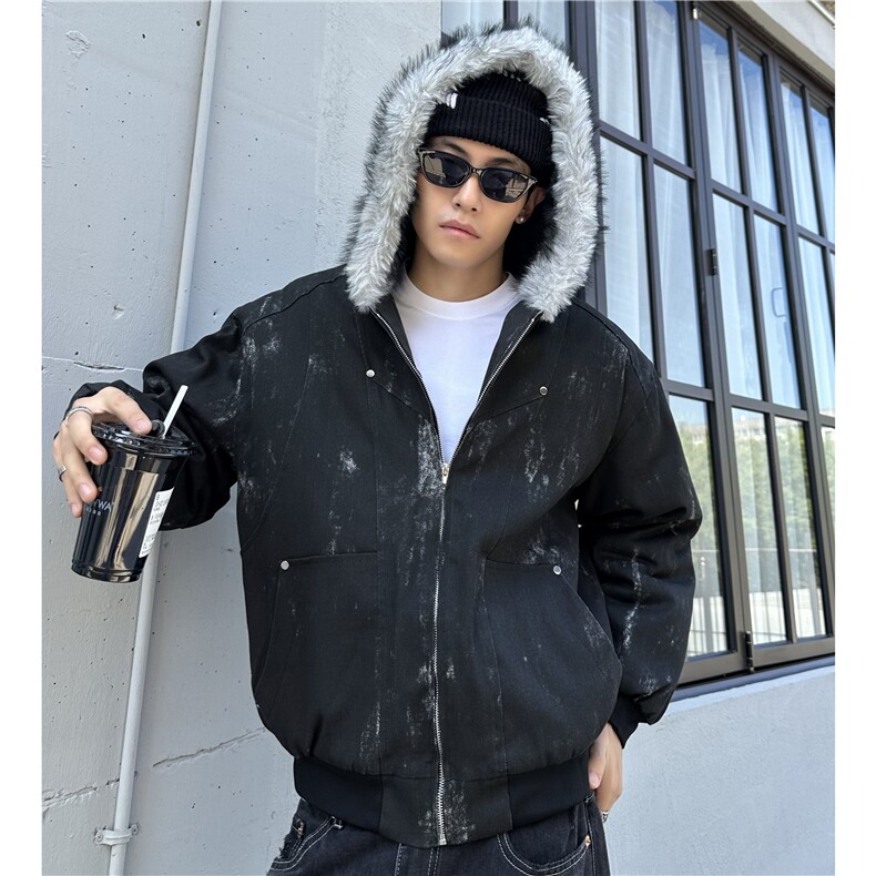 美式丝染座山雕染色连帽冬季重工厚大毛领夹棉棉服外套,男装棉衣,电商C307
