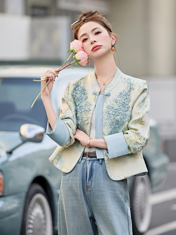 水衣源2706款新中式蕾丝拼接立体印花提花短款洋气外套女,女装短外套,水衣源