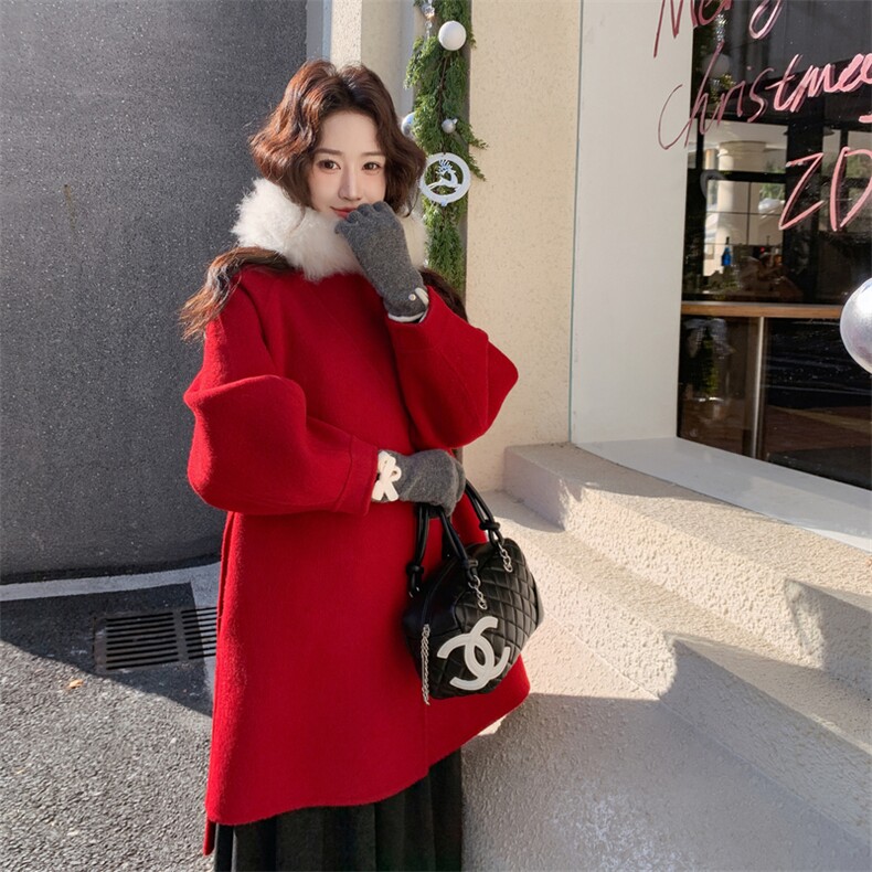现货主推年货新款中GUO红双面羊毛呢过年款大衣p285-k388，女装双面呢大衣，SL