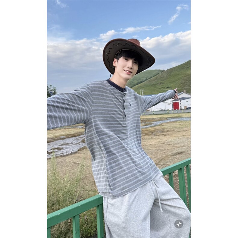 现货DXQ1439-批45小狗刺绣条纹亨利领长袖秋季上衣,男装卫衣,星座603-2