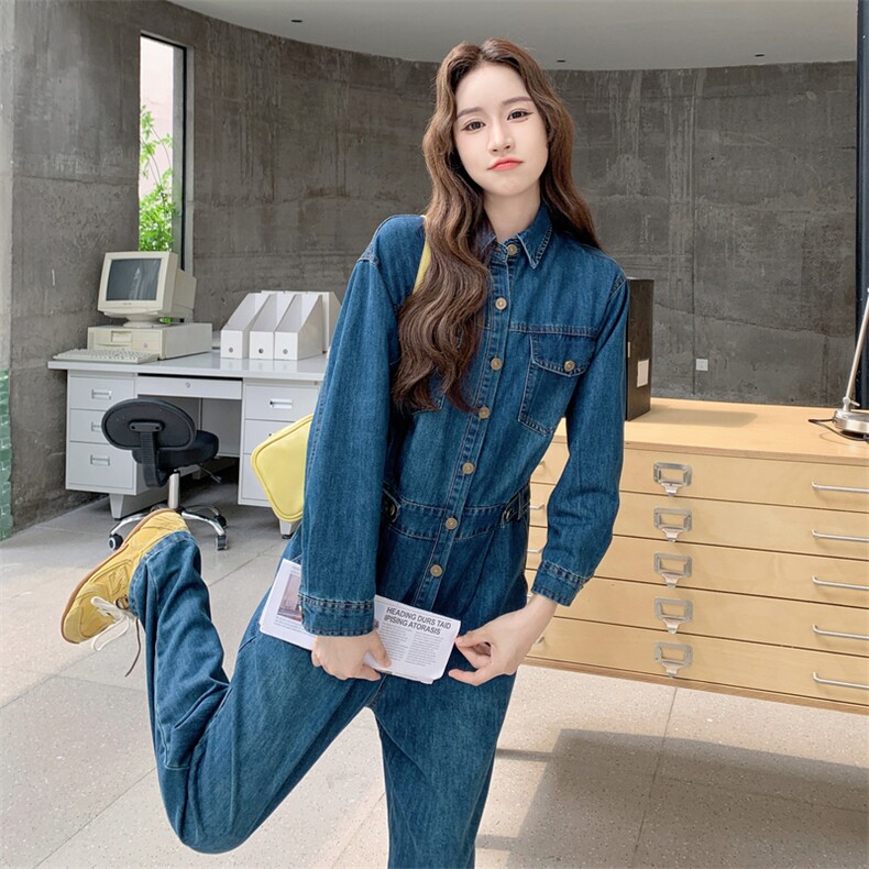 港风牛仔连体裤女2025长袖春秋新款高级时尚连身裤宽松工装连体裤,女装连体裤,2D076