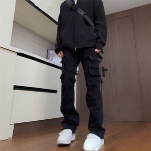 黑色高街裤子男春季美式潮牌vibe直筒青少年修身显瘦微喇工装长裤图片