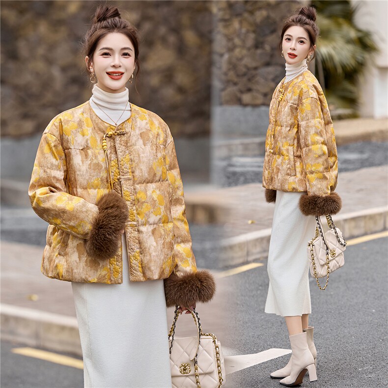 新中式90提花羽绒服2025年冬季新款高级感优雅气质白鸭外套，女装羽绒服，玖莱伊