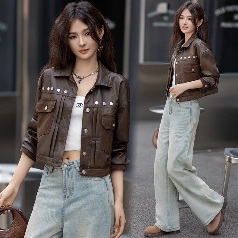 2024春秋新款美拉德柳钉短外套上衣美式复古皮衣女工装短款皮夹克,女装皮衣,潮流依族