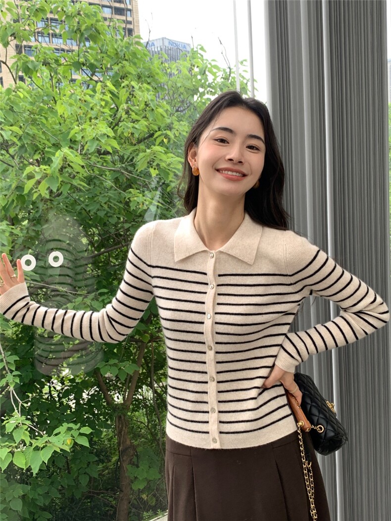 秋冬新款polo领女纽扣修身开衫保暖上衣针织衫,针织衫/毛衣,玛卡隆羊绒