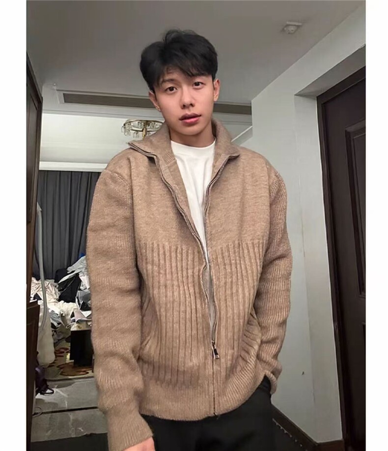 黑灰现货冬季美拉德正肩短款高领双拉链开衫毛衣冬季外套ZZS93P65,男装针织衫/毛衣,电商D256