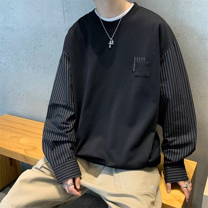 2024新款打底衫长袖男士卫衣条纹潮牌春秋圆领上衣服休闲T122/P34,男装T恤,星座506