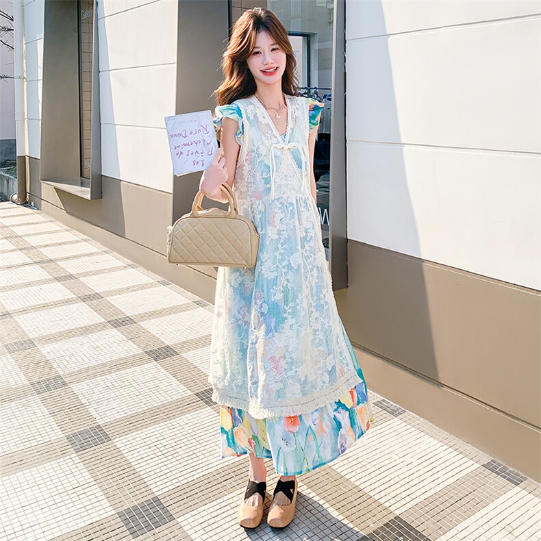 复古彩色油画连衣裙套装女2025夏季新款钩花蕾丝罩衫背心裙两件套,女装连衣裙,2D009