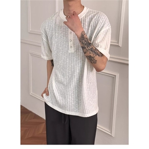 肌理褶皱软糯感潮牌修身显瘦亨利领短袖t恤男修身V领上衣ATX136图片