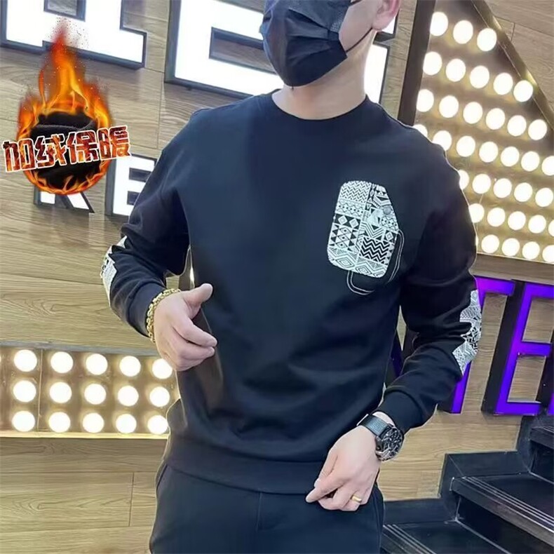 秋冬季新款个性印花卫衣男潮牌加绒休闲百搭长袖网红圆领打底上衣图片