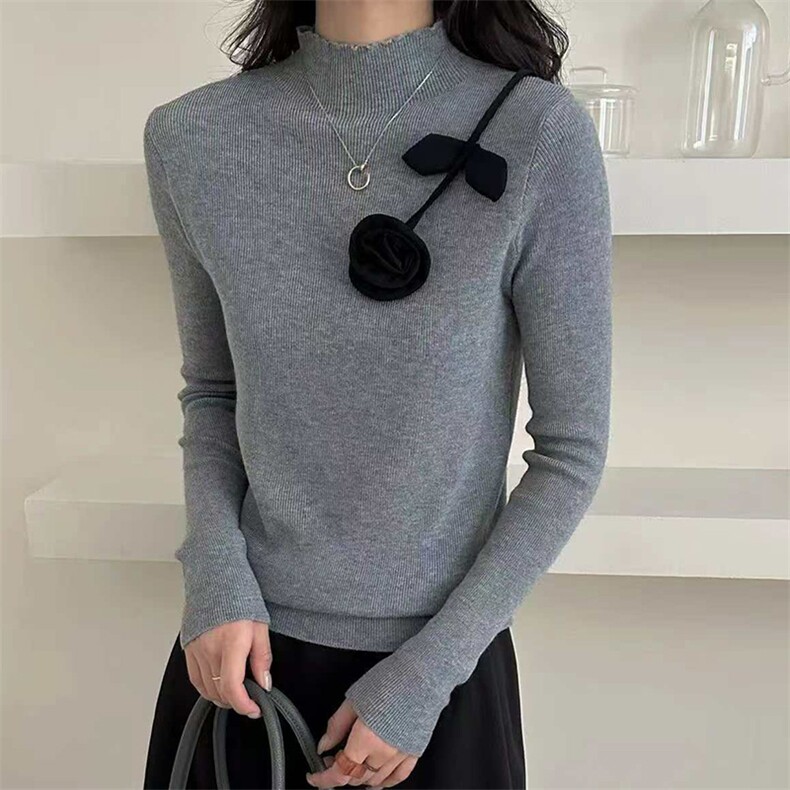 法式复古立体花朵毛针织衫女2025新款长袖修身显瘦打底衫毛衣内搭,针织衫/毛衣,佳绒包芯纱店