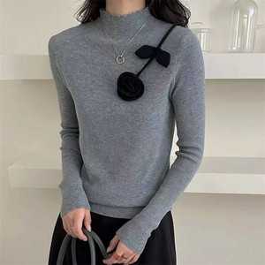 法式复古立体花朵毛针织衫女2025新款长袖修身显瘦打底衫毛衣内搭图片