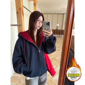 480G重磅加绒硬挺boxy男女秋冬美式高街双层撞色连帽卫衣开衫外套图片