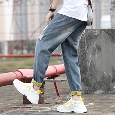 5063-201外景薄款大码破洞九分牛仔裤日系个性9分，男装牛仔裤，星座304A-1