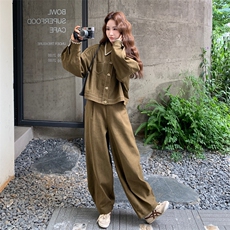 绿色时尚甜酷风套装裤女2025年秋季日系简约绣花外套阔腿裤两件套，女装套装/套裙，2C273