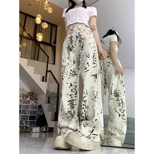 AK2470-P50 美式新款复古阔腿拖地辣妹高街男女宽松豹纹牛仔裤图片