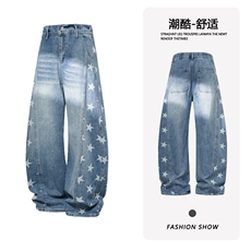 B221美式ins高街暗黑拼接五角星宽松直筒牛仔裤LK26649-特P50控98，男装牛仔裤，电商B221