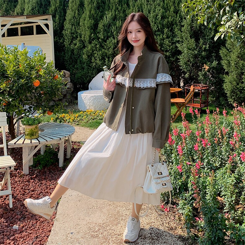 美式复古甜酷风蕾丝拼接暗扣工装外套女2025春款休闲棒球服夹克,女装短外套,蝶眷