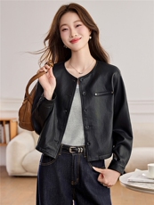 【春季女装新款】2026大量现货春季时尚优雅圆领小香风短款皮衣，女装皮衣，缘衣格