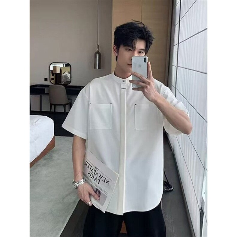 夏季高级痞帅垂感立领衬衫男潮牌短袖宽松弹力新中式时尚衬衣网图图片