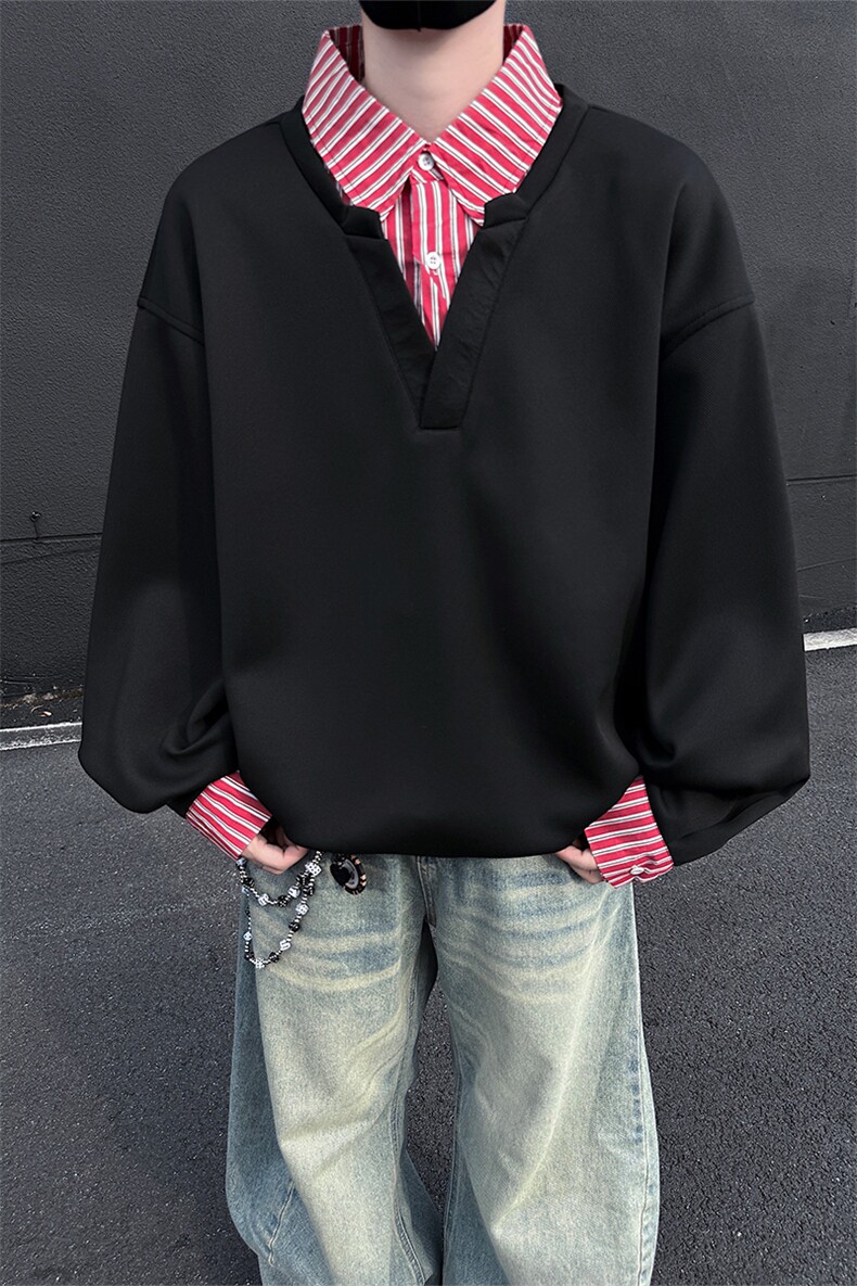黑墙假两件拼接翻领大码卫衣男秋季潮牌宽松情侣A436-2231-P50,男装卫衣,电商A436