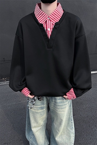 黑墙假两件拼接翻领大码卫衣男秋季潮牌宽松情侣 A436-2231-P50图片