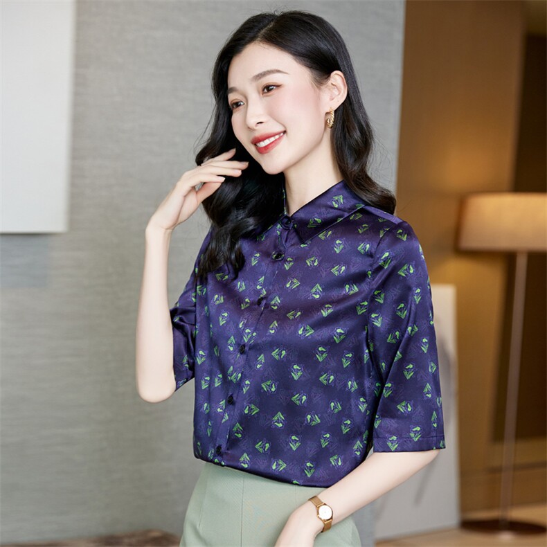 夏装真丝衬衫女士短袖桑蚕丝衬衣上衣花色半袖中袖宽松大码妈妈装,女装衬衫,阿舍尔精品
