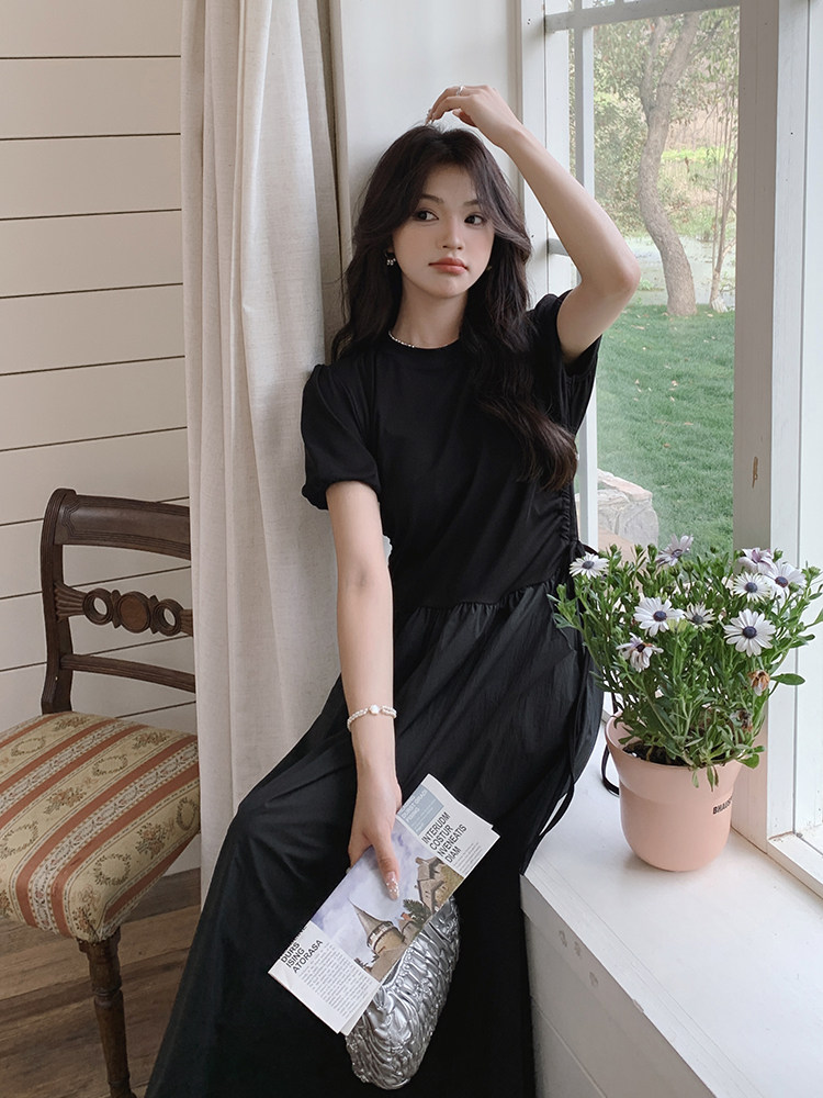 黑色气质通勤茶歇连衣裙女2025夏季新款设计感收腰赫本风小黑裙子,女装连衣裙,浪娴服饰