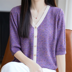 法式小香风轻薄假开衫短袖T恤女2025气质外搭莱赛尔针织小衫上衣图片