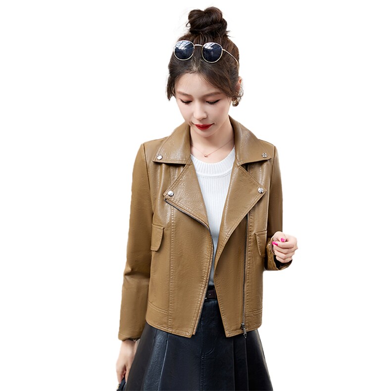 小皮衣女短款外套2025春秋新款韩版时尚修身百搭翻领机车pu皮夹克,女装皮衣,臻衣坊