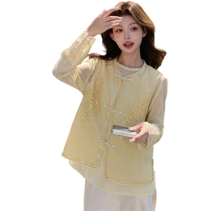 高端亚麻提花刺绣国风马甲女2025春夏新款高级感气质上衣钉珠衬衫图片
