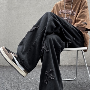 美式街头十字架牛仔裤男夏季高街ins潮牌hiphop炸街拖地裤子薄款图片