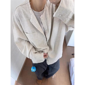 W10205-P43 网图现货 ins原宿亚麻衬衫无领衬衣简约新款文艺潮流图片
