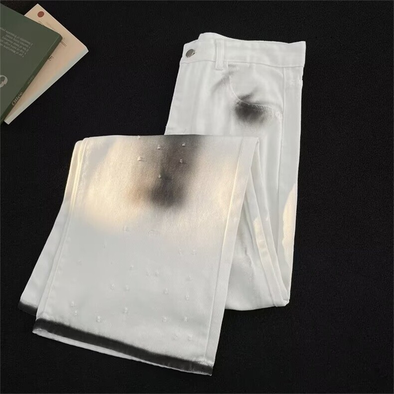 高街白色牛仔裤男女扎染涂鸦破洞阔腿裤潮流美式宽松百搭长裤,男装牛仔裤,星座410-6（原星座1304-1）