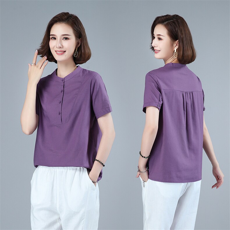 2021年夏季新款棉麻衬衫女纯色短袖立领套头小衫短袖韩版上衣通勤，女装衬衫，伊满意