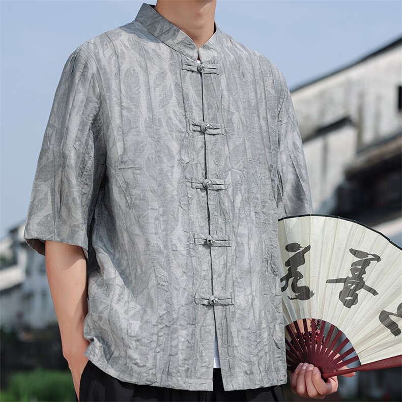 2025夏季新款风男金属盘扣新中式天丝纹路提花衬衫C133-P70,男装衬衫,电商B277(原6028)