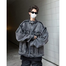 短款牛仔外套男潮牌复古水洗做旧宽松垫肩夹克8854P72，男装工装外套，星座410-2