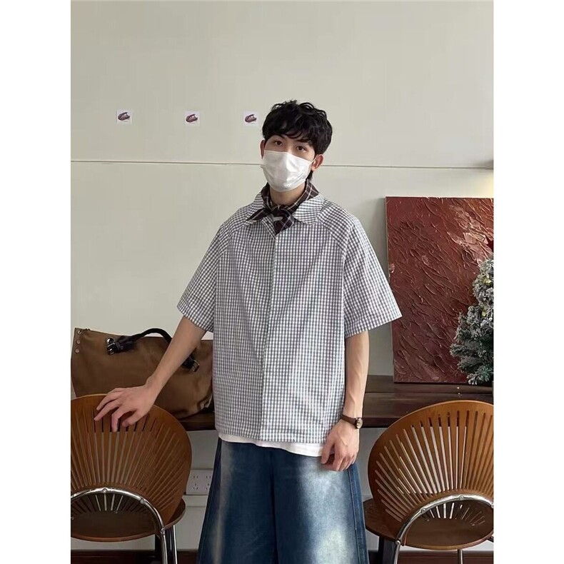 复古格纹短袖衬衫男夏季日系宽松休闲格子衬衣新款翻领半袖上衣,男装T恤,星座218-1（原230）