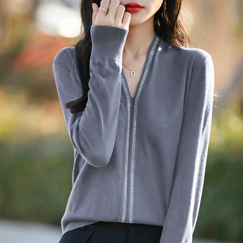 2025春季洋气休闲宽松V领外穿针织衫女薄款显瘦打底毛衣纯色上衣,针织衫/毛衣,佳绒包芯纱店