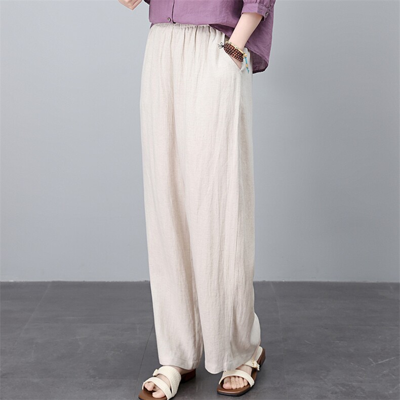 棉麻阔腿裤女2025夏季新款宽松显瘦时尚中年妈妈休闲亚麻直筒裤子，女装休闲裤，涵誉