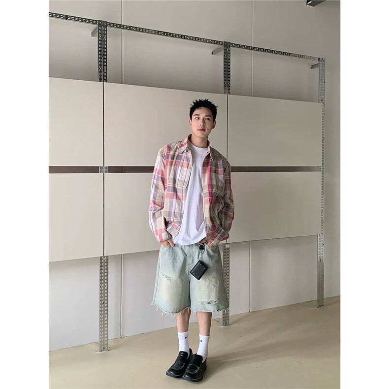 纯棉格子衬衫女长袖春秋宽松内搭港风复古内搭学生情侣叠穿衬衣,男装衬衫,星座506A