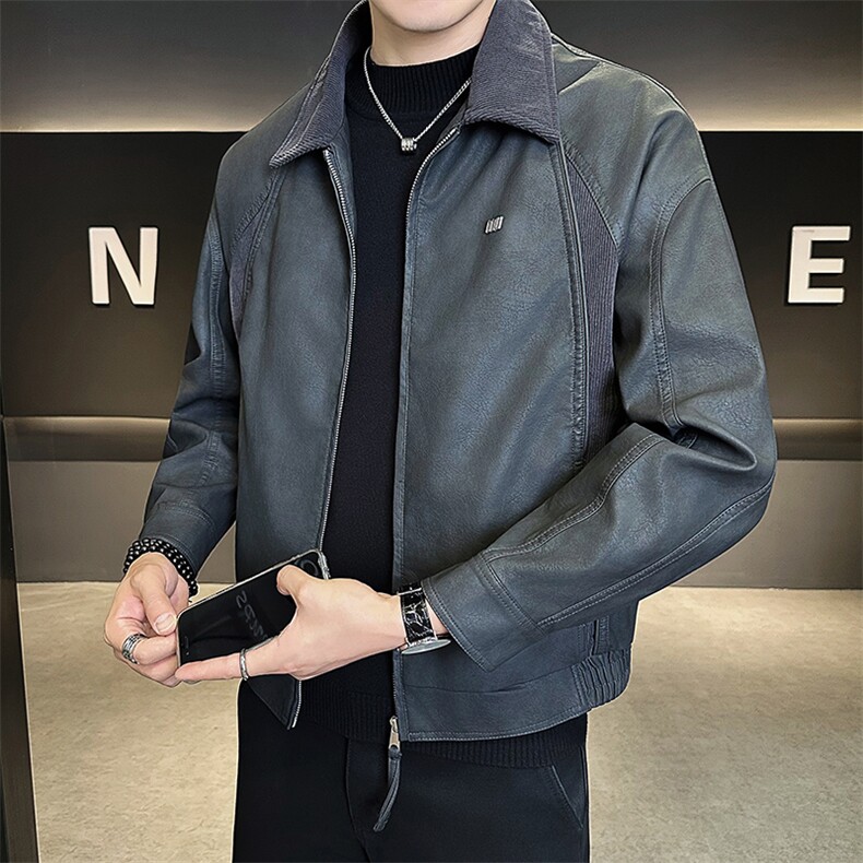 25619-M-4XL-P140店主风秋季新款翻领百搭拼接针织男士皮衣外套,男装皮衣,电商B255