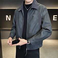 25619-M-4XL-P140店主风秋季新款翻领百搭拼接针织男士皮衣外套，男装皮衣，电商B255