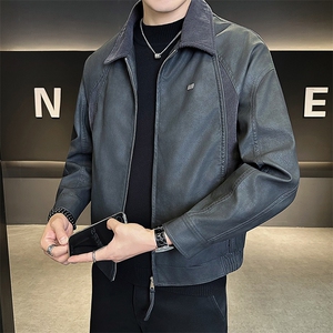 25619-M-4XL-P140店主风秋季新款翻领百搭拼接针织男士皮衣外套图片